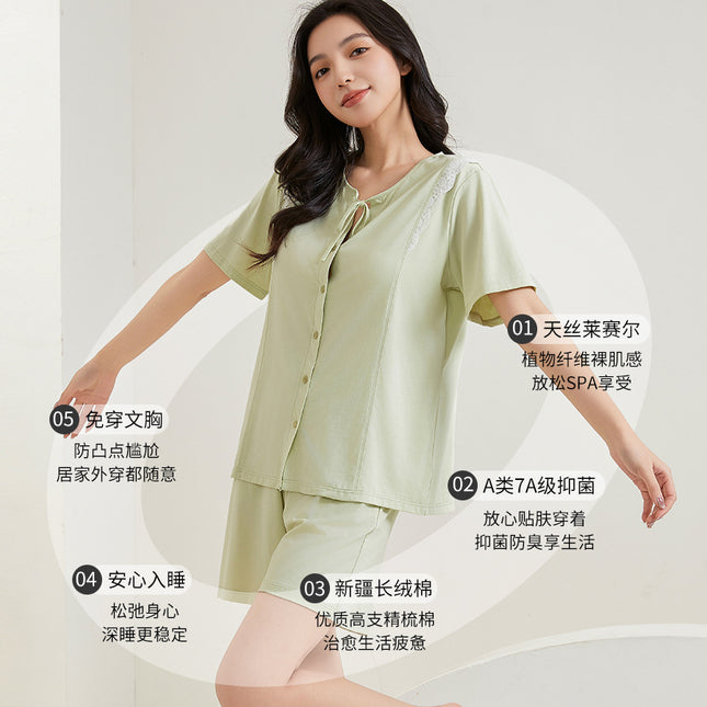 Class A 7A Bacteriostatic Pajamas with Chest Pad Women's Xalan Essence Lyocell Short-sleeved Shorts Bra-free Home Clothes suit Women