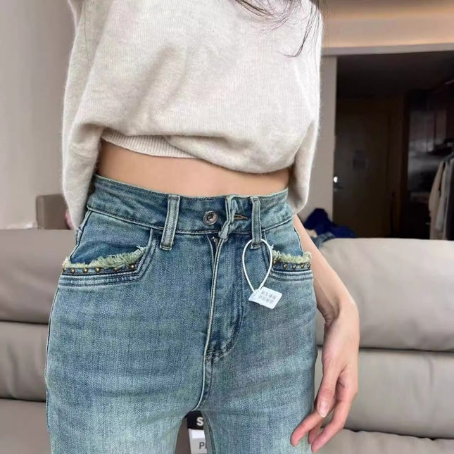High-Waist plus size chubby girl Micro-Lam Jeans Women's Trendy All-Match Design Sense Stretch Slim-Fit Slimming Horseshoe Long Pants