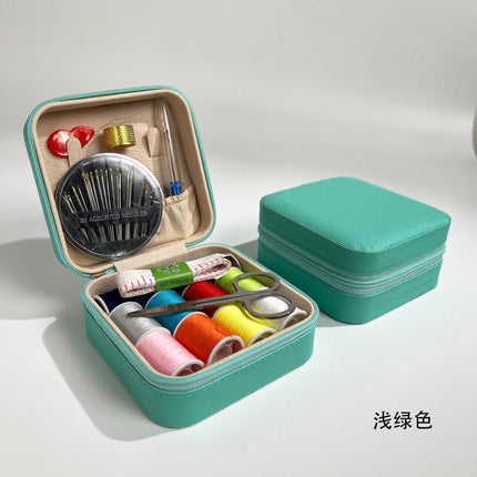 Retro Style Imitation Pu Leather Square Sewing Box Household Sewing and Mending Needle and Thread Set Portable Daily Essential Sewing Kit