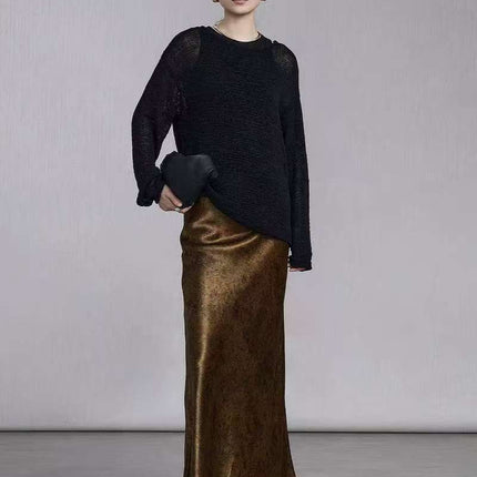 100% Gold-plated Satin Skirt Women's Tortoise Crack Rose Flower Dark Bottom Xiangyun Gauze Triacetate Hip Fishtail Skirt