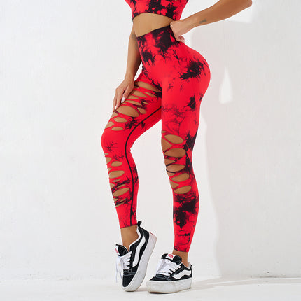 European and American Tie-Dye Hole Yoga Pants Sexy Hip Hollow Sports Tight Pants Women's High Waist Peach Hip Yoga Pants