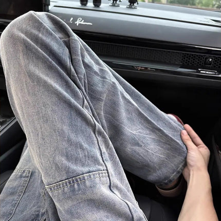 American Retro Lightning Pattern Jeans for Men, Autumn New Washed Pants, Loose Straight-Leg Pocket Design, Flared Pants