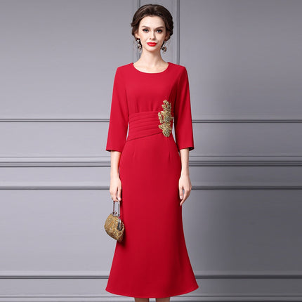 Zhili Middle and Old Beautiful Mother dress Long High-end Western-style Purple Heavy-industry Nail Drill Slim Light Dress