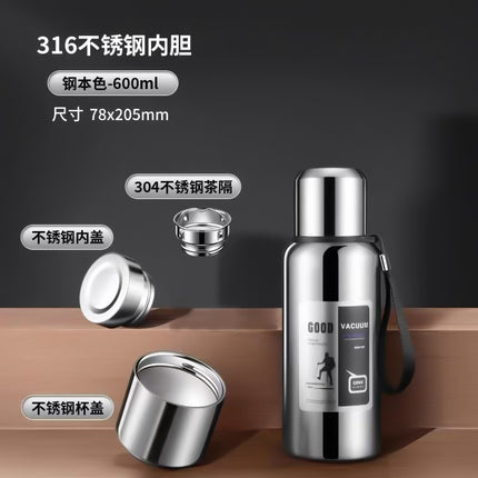 Outdoor Large-Capacity All-Steel Kettle for Men, Tea-Water Separation Vacuum Insulated Cup, 316 Stainless Steel Hiking Sports Water Cup