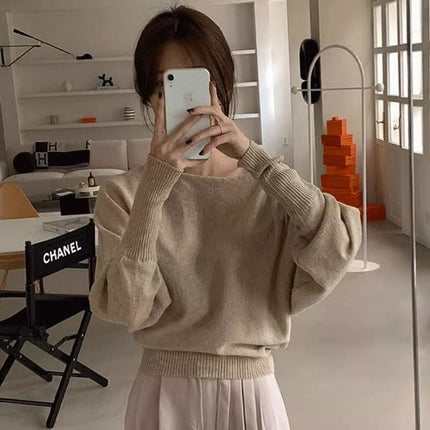 Korean Chic Autum Retro Elegant Round Neck Pullover Pure Color Loose Versatile Lantern Sleeve Knitwear for Women