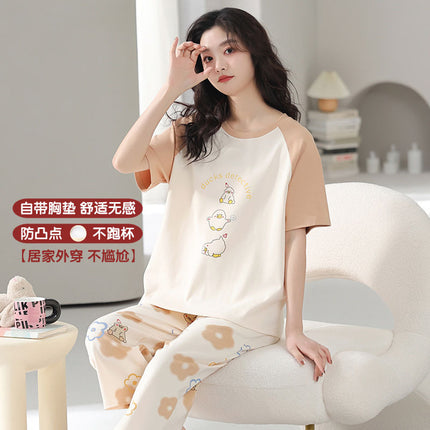 Pajamas Women's Summer Short-sleeved Knitted Cotton Wear-free Bra with Chest Pad Can be Wearing Outer-wear Anti-sudden Sleeping Beauty-making Home Wear Casual Wear