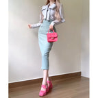 Blue shirt + green skirt / S