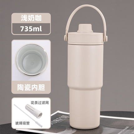 Cross-border high-value 316 stainless steel thermos cup large-capacity double-drink ceramic liner car cup portable handle cup