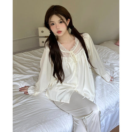 Cream Lace-up French Princess Style Women's Pajamas Spring and Summer Long Sleeve Ice Silk Comfortable Home Clothes suit