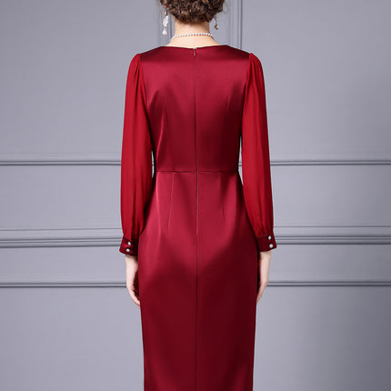 Zhili 2026 Spring Dress Women's Long-Sleeved High-End Rhinestone-Embellished Formal Occasion Wine Red Slim-Fitting Hip-Hugging Skirt New