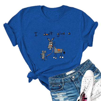 I don't give a European and American fun cartoon mouse donkey printed short sleeve round neck T-shirt ladies foreign trade jacket