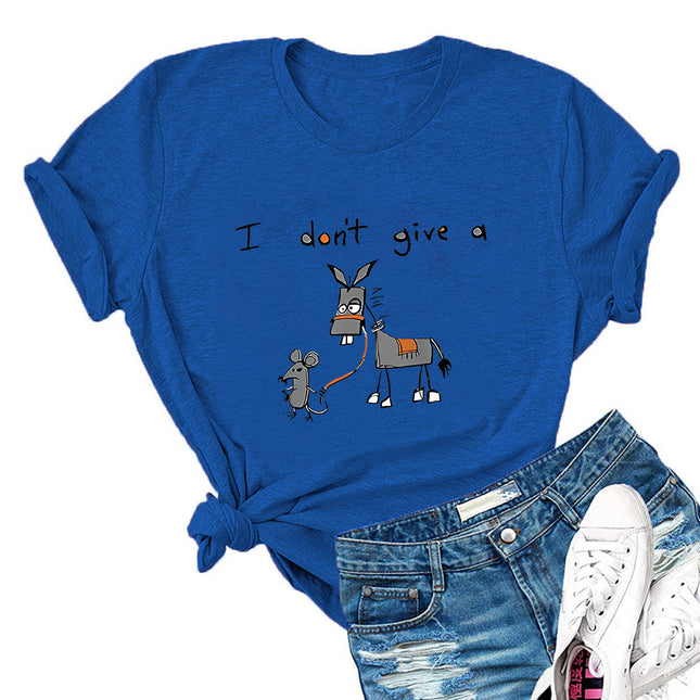 I don't give a European and American fun cartoon mouse donkey printed short sleeve round neck T-shirt ladies foreign trade jacket
