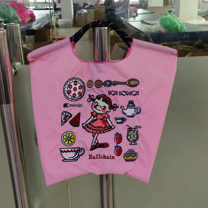 High-Quality Japanese-Style Ball Chain Eco-Friendly Shopping Bag Nylon Fabric Embroidered Floral Tote Nylon Canvas Bag