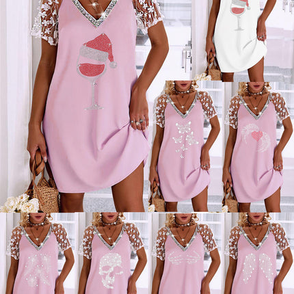 in stock 2025 new European and American Amazon AliExpress wish fashion three-dimensional lace raglan sleeve hot drilling dress
