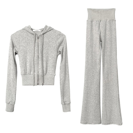 South Korea Dongdaemun Figure Sports suit Slim-fit Sexy Hooded Zipper Short Coat High Waist Flared Pants for Women