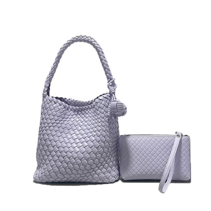 PU Woven Bucket Bag Ball Charm Women / Sac Seau Tressé PU Pompon Femme