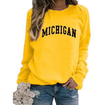 Cross-border supply of European and American foreign trade MICHIGAN printed crew neck sweater top women's coat autumn and winter European size