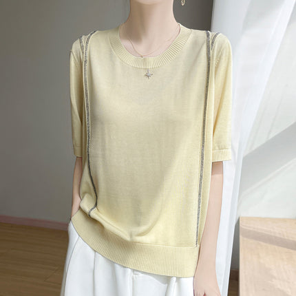 Breathable Tencel 26 New Summer Women's Round Neck Short Fashion T-Shirt Thin Base Shirt with Rhinestones Short Sleeve Top