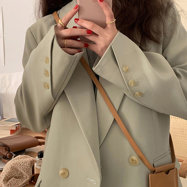 Small suit jacket for women 2024 spring and autumn double-breasted green suit temperament slimming Internet celebrity fried street fashion