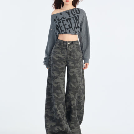American Grey Overalls Wide Leg Camouflage Jeans 2025 Spring New Women's High Waist Loose Slimming Straight Leg Pants