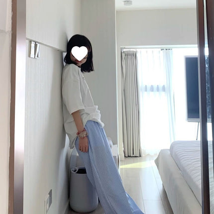 Blue Striped Loose Slimming Wide-Leg Pants for Women Summer Versatile Lazy Floor-Length Casual Sweatpants