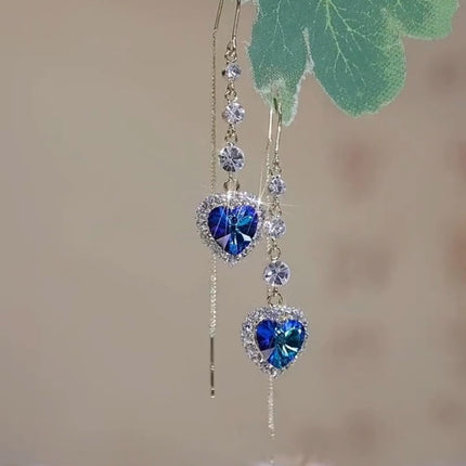 Heart to Heart Blue Crystal Love Ear Line Women's Light Luxury High-end Sense Long Face Slim Elegant All-match Earrings