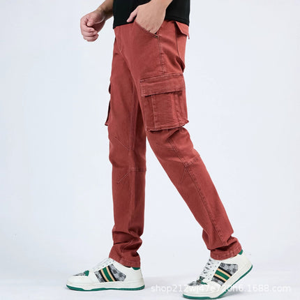 in stock Tooling Jeans Multi-Pocket Tannin Guangzhou Xintang Denim Factory Micro-Elastic Small Straight Jeans