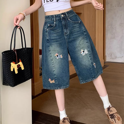 American Retro Dog Embroidery Jeans for Women, Summer New High-Waisted Wide-Leg Straight Pants