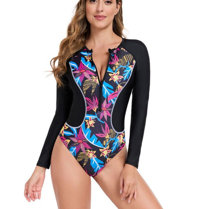 Cross-border 2025 Europe and the United States foreign trade new digital printing zipper high collar Amazon bikini long sleeve surfing suit women
