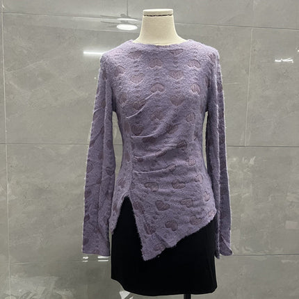 Round Neck Design Brushed Heart Lace Long-Sleeved T-Shirt Women's Bottoming Shirt Slimming Look Asymmetrical Pleated Top