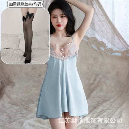 Suqing New Spring and Summer Comfortable Pajamas Backless Sweet Embroidered Lace Sling Nightgown Women's Cardigan Home Clothes suit