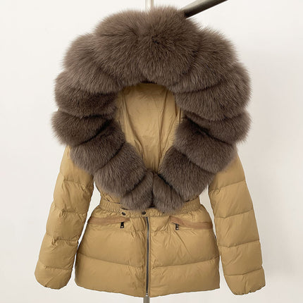 25 New Foreign Trade Hot Style Short Women's Real Fox Fur Collar down Jacket Thickened Slim Waist Fur down Jacket