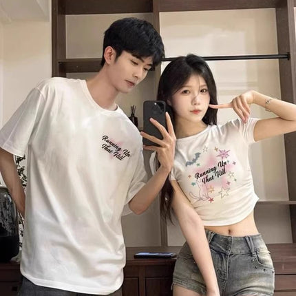Niche Design Sense Long and Short suit Cotton Different Couple Dress T-shirt Short Sleeve 2025 New Summer