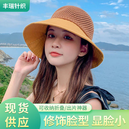 Sun Hat Women's New Fisherman Hat All-match Spring and Summer Hat Women's Breathable Mesh Riding Sun-screen Hat with Large Rim and Small Face