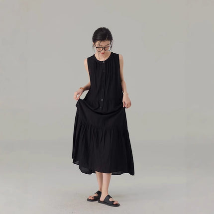 Black Lazy Style Ver Dress Women's 2025 Summer New Round Neck Sleeveless Loose A- line Dress Commuter Casual Long Dress