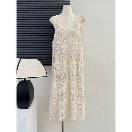 Green Lace Hollow-out Knitted Sleeveless Vesset Dress Women's Striped Cardigan dress Outer Layover Blouse Mid-length