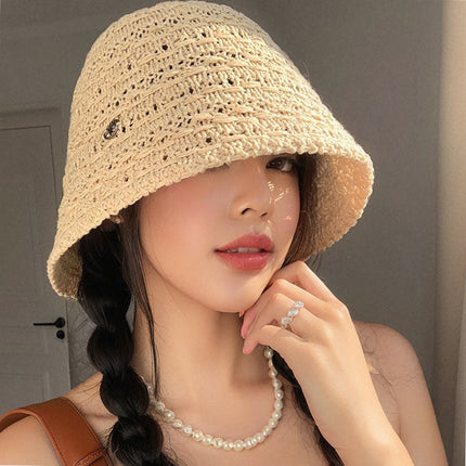 French Cut Out Woven Seaside Straw Hat for Women Summer Large Brim Sun Protection Hat Large Head Circumference Foldableable Fisherman Hat Trendy