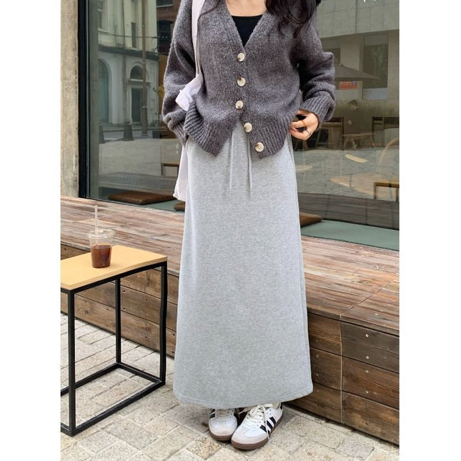 Women's Fleece Lined A-Line Long Skirt High Waist Drawstring Back Slit Baby Velvet Plus Velvet Black Gray M-XL / Jupe Longue Femme Polaire Type A Taille Haute Cordon Fente Dos Baby Velvet Plus Velvet Noir Gris M-XL