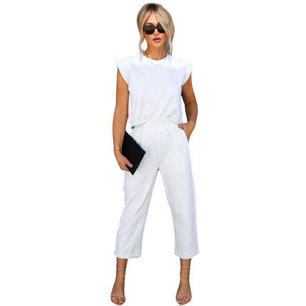 Yd8753-A1 European and American Clothing Amazon New Fashion Casual Pure Color Nine-Point Pants Two-Piece Set Cross-Border Women