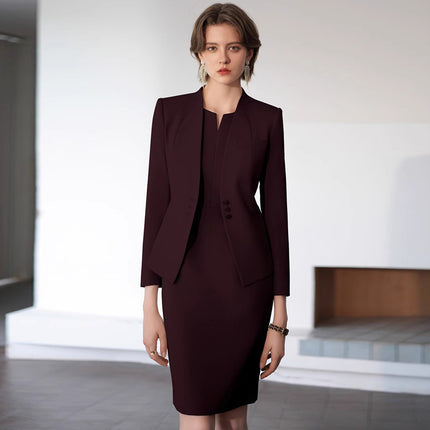 Spring and Autumn Fashion Ancora Red New Style Professional Women's dress suit Slim-Fit Slimming Collarless Dress Work Clothes
