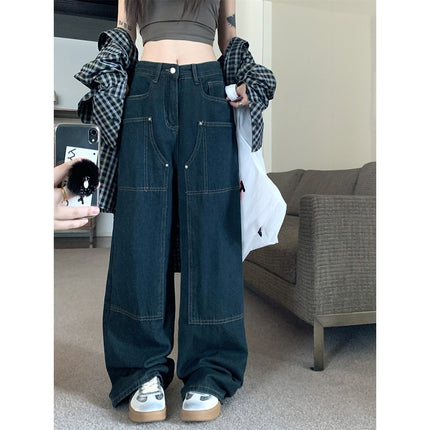 American Style Retro Open Line Color Contrast Large Pocket Loose Wide Leg Denim Pants