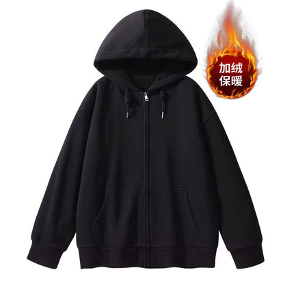 Light Version of Lazy Style New Loose Cardigan Zipper Hooded Sweatshirt Women's Top Jacket Fleece-Lined Thickeneded Blank Version Trendy