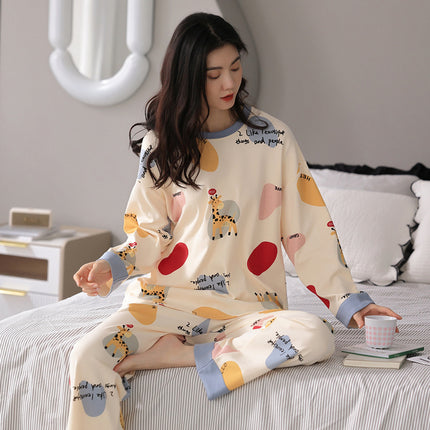 Factory wholesale live fashion spring and autumn cotton pajamas women's cute simple wind long sleeve trousers home clothes suit