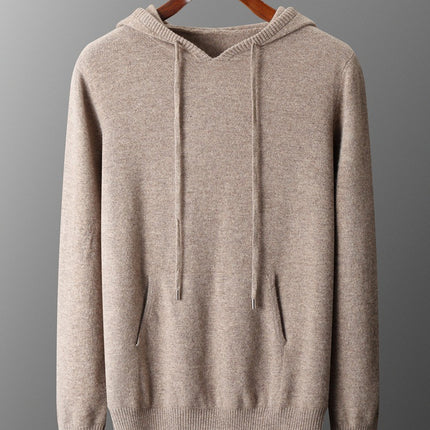 100 Pure Wool Sweater Men's Hoodie with Pocket Solid Color Loose Knitted Sweater Long Sleeve Hooded Sweater New Base Sweater