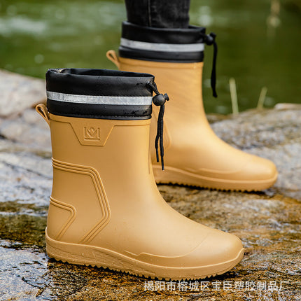 Rain Boots Men's Mid-Calf Water Shoes Waterproof Mouth Drawstring Rubber Shoes Kitchen Takeaway Rider Overshoes Fleece-Lined Warm Rain Boots