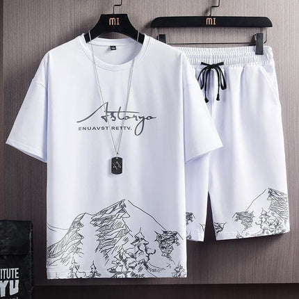 New Quick-drying Ice Silk Gradient suit Men's Short-sleeved T-shirt Summer Casual Shorts Sports Two-piece Handsome Men's Wear