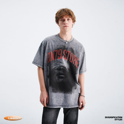 LawFoo spring and summer national fashion brand American wash old direct injection head print drop shoulder loose version couple T-shirt fashion