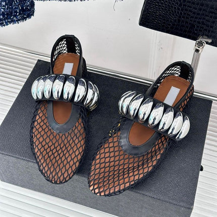 Metal Buckle Mesh Mary Jane Shoes Women's 2024 Summer New Fashionable Flat Comfortable Ballet Dancing Shoes