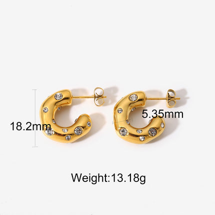 European and American Ins Irregular Hammered Zircon C-Shaped Hoop Earrings 18K Gold-Plated Stainless Steel Earrings Women's Geometric Hammered Earrings