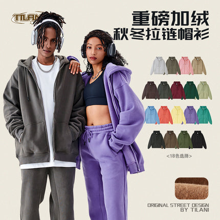 Tilani Cross-Border Men's Sweatshirt Velvet Jacket European and American 350g Autumn and Winter Zipper Hoodie Thick Pure Color Sweatshirt